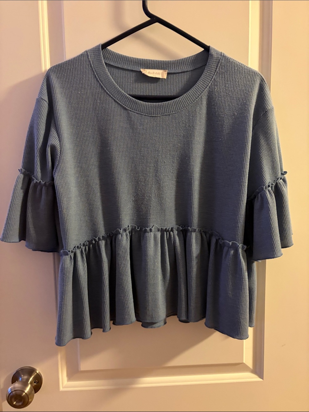 Altar'd State Dusty Blue Ruffled Peplum Knit Top